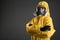Woman wearing chemical protective suit on background, space for text. Virus research