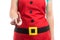 Woman wearing Christmas apron touching invisible screen or display