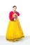 The woman wearing colorful Hanbok, Korean traditional dress on white background isolated.