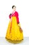 The woman wearing colorful Hanbok, Korean traditional dress on white background isolated.