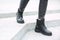 Woman wearing comfortable stylish boots, closeup