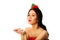 Woman wearing elf clothes blowing kiss