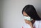 Woman wearing face medical mask, woman coughing, sick,  illness