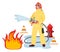 Woman wearing fireman safety costume with helmet and holding fire hose extinguishes water with fire