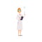 Woman Wearing Glasses and Coat Working in Laboratory, Female Scientist Character Holding Flasks and Clipboard Vector