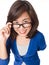 Woman wearing glasses looking up happy smile .