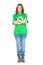 Woman wearing green tshirt with recycling symbol crossing arms