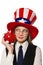 The woman wearing hat with american symbols