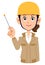 Woman wearing helmet wearing beige work clothes with pointing stick