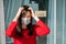 Woman wearing mask closed store with sign board front door shop, Small business come back turning