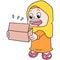 A woman wearing a Muslim hijab opens a food box to break her fast with a hungry face. doodle icon image kawaii