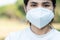 Woman wearing N95 respiratory medical face mask prevent coronavirus Disease Covid-19 and pm2.5 particulate matter. healthcare
