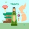 Woman Wearing National Korean Dress Over South Korea Map And Temple Or Palace Building Background