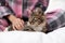 Woman wearing pajama with cat on bed. Owner and pet