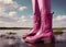 Woman wearing pink boots made of alligator leather. Ai Generative image