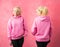 Woman wearing pink hoodie, template for promo print design