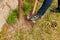 A woman wearing sneakers is digging a hole to plant a flower. Home garden care