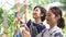 A woman wearing a strip of paper on Tanabata bamboo