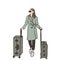 woman wearing sunglasses and over coat with two suitcases smiling and walking. Color Drawing minimal style