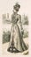 Woman wearing vintage dress accessories. Antique fashion engraving