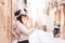 Woman wearing vr headset in european city street, virtual travel, virtual sightseeing concept. Virtual reality to travel