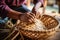 Woman weaving wicker basket indoors. AI Generated