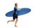 Woman in a wetsuit holding a surfboard and running