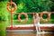 Woman wetting her feet in the river