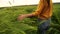 Woman wheat field. Farmer touching barley spikes in cultivated field. Selective focus, slow motion. Closeup of woman