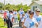 Woman in a wheelchair takes part in a catholic charity walk event