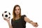 Woman with a whistle holding a football pointing a