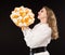 Woman, white blouse, smile, fruit bouquet, black background