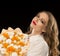 Woman, white blouse, smile, fruit bouquet, black background