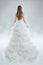 Woman in White Dress Back View, Fashion Model in Long Gown, Bride Beauty Studio Wedding Shot
