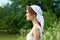 Woman in white dress countryside plants nature