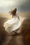 A woman in a white dress runs off into the distance. AI Generated