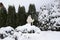 A woman in a white jacket shakes snow from a tree after a heavy snowfall,