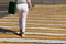 Woman in white pants walking on pedestrian crossing, rear view