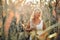 Woman in a white summer long dress walks on a cornfield and posing in sunset time