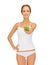 Woman in white underwear holding green apple