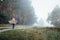 Woman in wide-brimmed felt hat and authentic poncho going along the pine tree forest at foggy morning