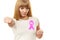 Woman wih pink cancer ribbon on chest punching