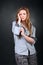 Woman with wild hair in photo studio