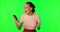 Woman, winning announcement on smartphone and green screen, excited and surprise with social media giveaway. Female