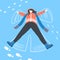 Woman in winter clothes make snow angel. Happy pretty girl make wings. A lot of different tracks in the snow. Winter