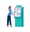 Woman withdraws money through an ATM. Replenishment of a bank card in cash. The girl holds a wallet and inserts a credit