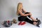 Woman with wonderful long blond hair and her shoes