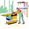 Woman Work in Carpentry Shop Concept. Girl Carpenter Character Wearing Overalls and Protective Glasses Working