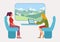 Woman work laptop in public transport, comfortable interior railway train and intercity bus flat vector illustration