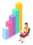 Woman worker with badge using laptop sitting near 3d growing graphic, isometric infographics
